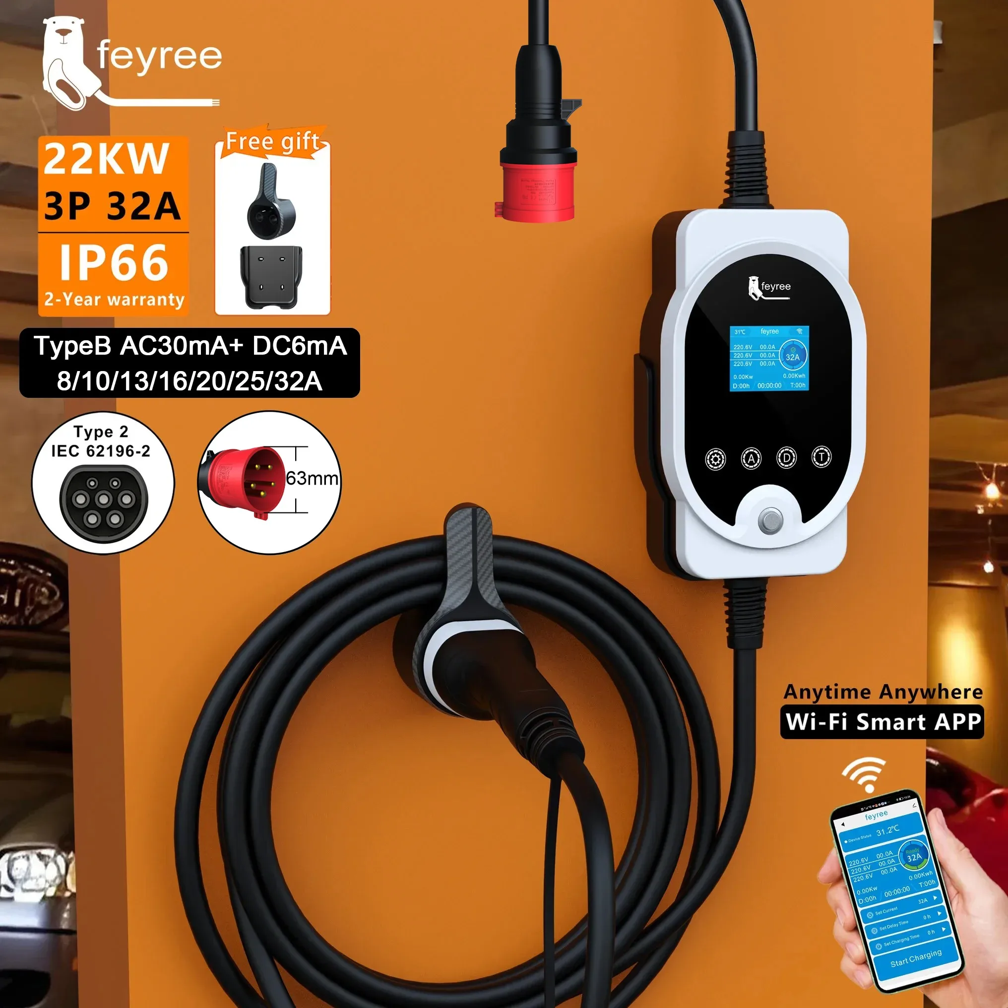 Feyree 22KW Type2 Cable EVSE W - đánh giá và giá Ev Charger Type 2 22Kw 32A 3 Phase