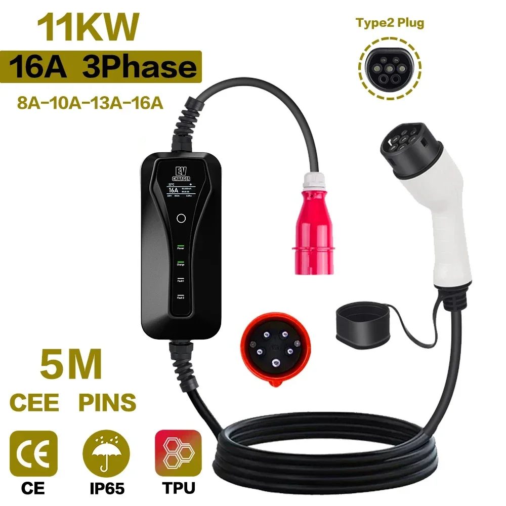 11KW 16A Portable EV Charger T - đánh giá và giá Type 2 Portable Ev Charger 11Kw Cee